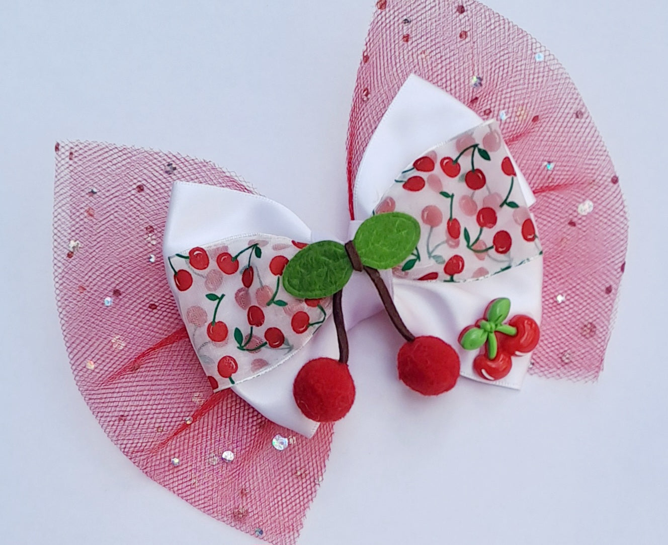🎀Large Satin/Tulle Cherry Bow Headband/Clip