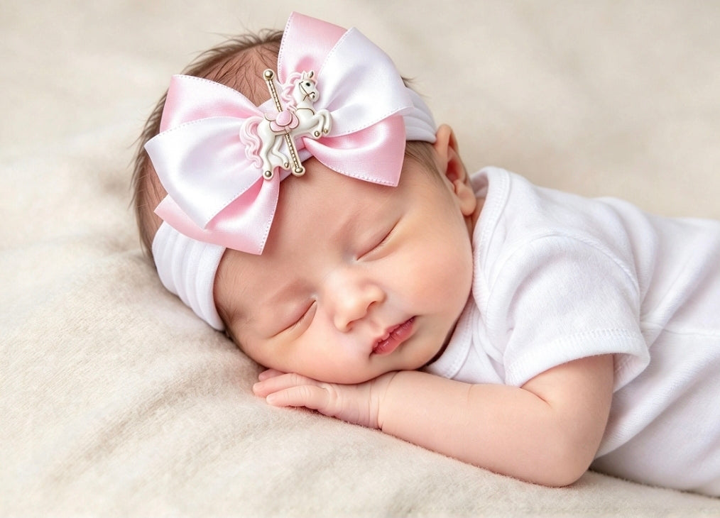 🎀Pink/White Satin Bow With Carousel Horse Centre 🎀 Available On Headband Or Clip