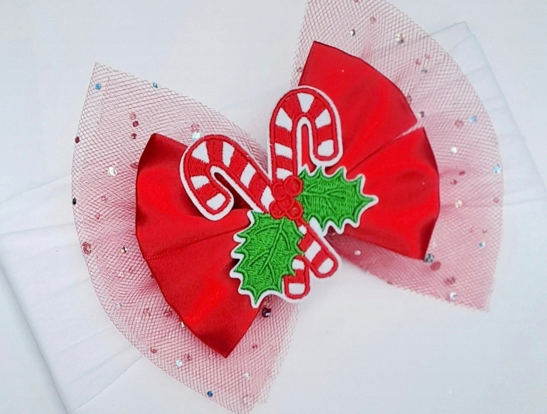 🎀Large Satin/Tulle Candycane Christmas Bow Headband/Clip