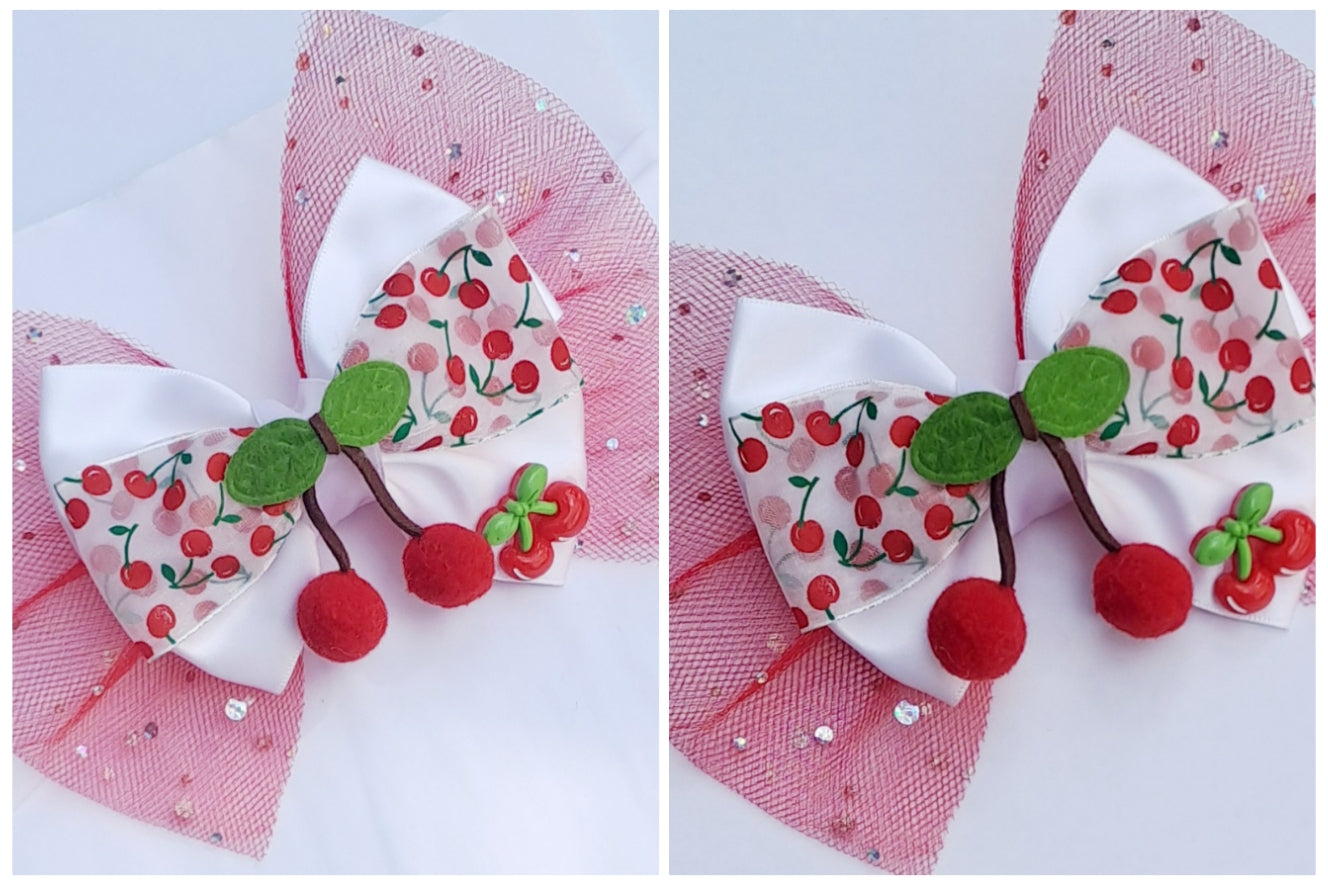 🎀Large Satin/Tulle Cherry Bow Headband/Clip