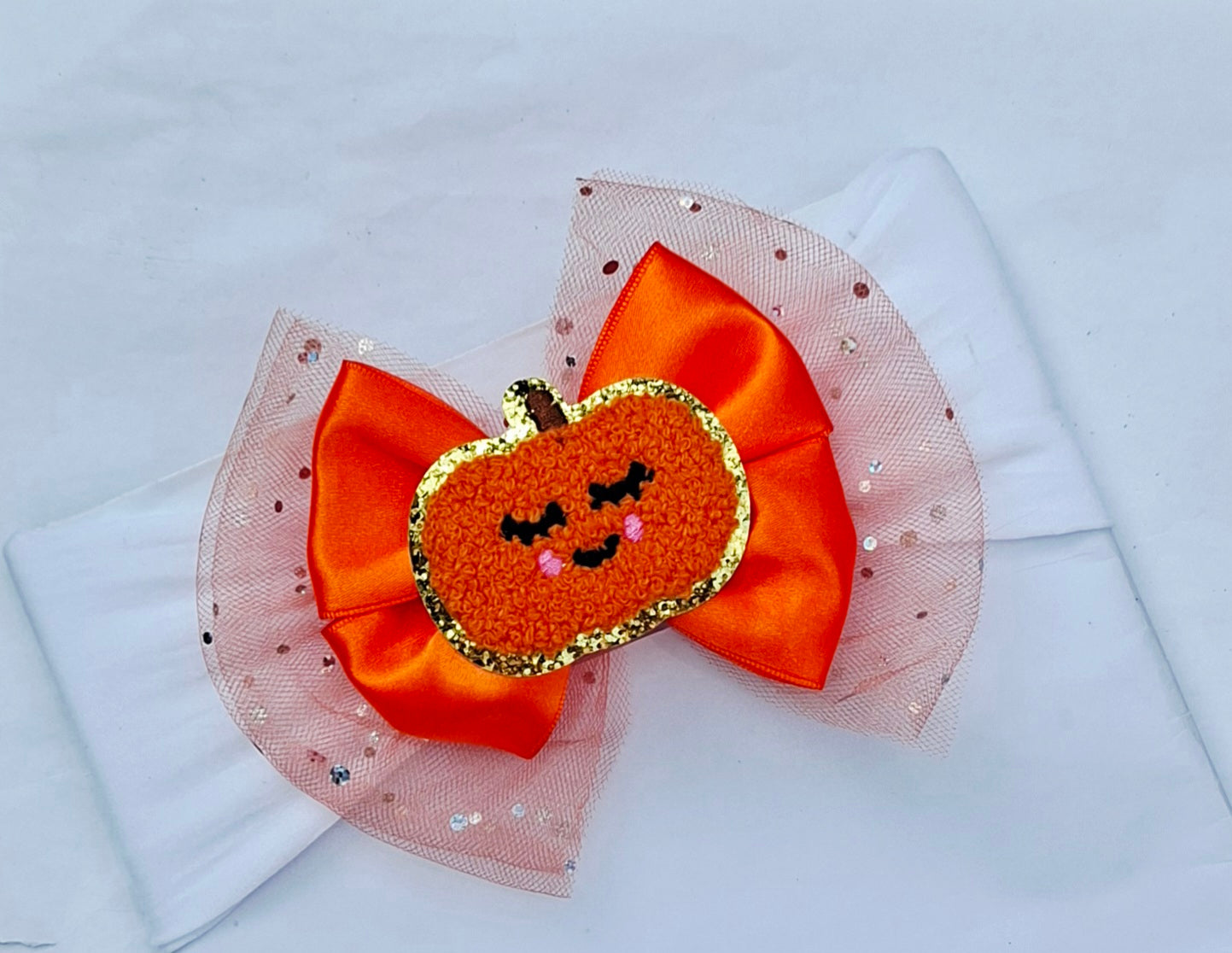 🎃Large Satin/Tulle Pumpkin Bow 🎃 Available On Headband Or Clip