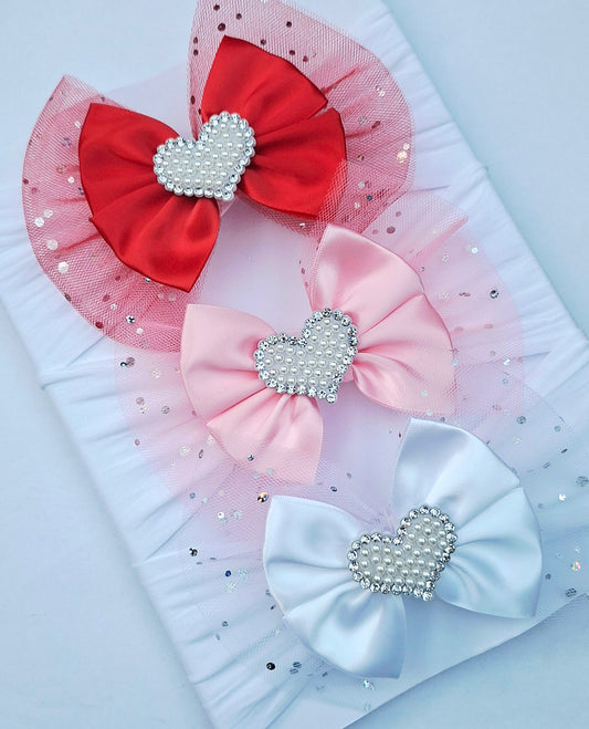 ❤️Valentines 🎀 Large Satin/Tulle Heart Centre Bow🎀Available On Headband Or Clip(Choose Colour)