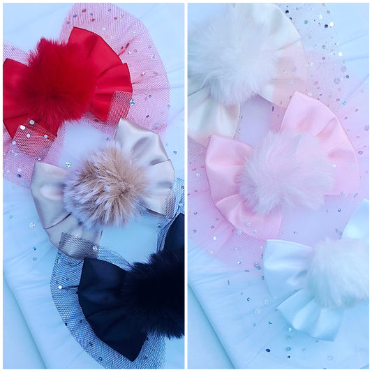 🎀Satin Bow Fluffy Pom Pom Headband Or Clip🎀