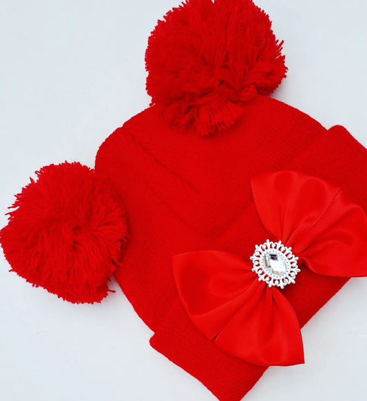 🎀Red Satin Bow Winter Pom Pom Hat🎀6-12 Months
