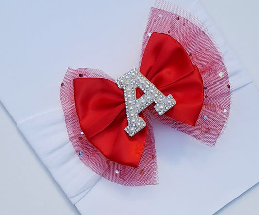 🎀 Large Red Glitter Tulle Satin Bow Initial Headband🎀Choose Letter