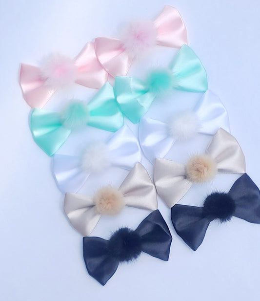 🎀2pc Satin Bow Pigtail Sets With Pom Pom Centre🎀Choose Colour
