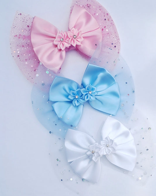 🎀Large Satin/Tulle Bow Clips 🎀 Choose Colour