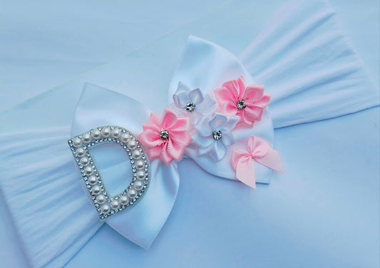 🎀White/Pink Satin Bow Headband 🎀 Choose Letter