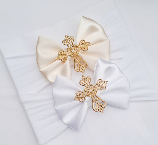 🎀Satin Christening Bow Headband 🎀Available In Ivory Or White