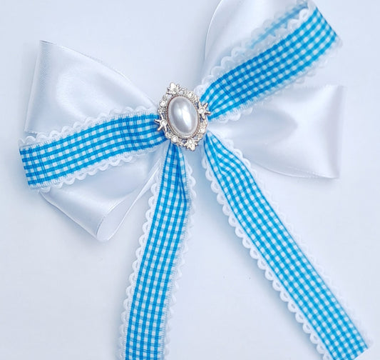 🎀Large White/Blue Gingham Bow Clip🎀