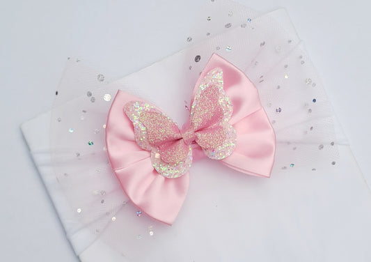 🎀Large Pink Satin/Glitter Tulle Butterfly Bow Headband 🎀