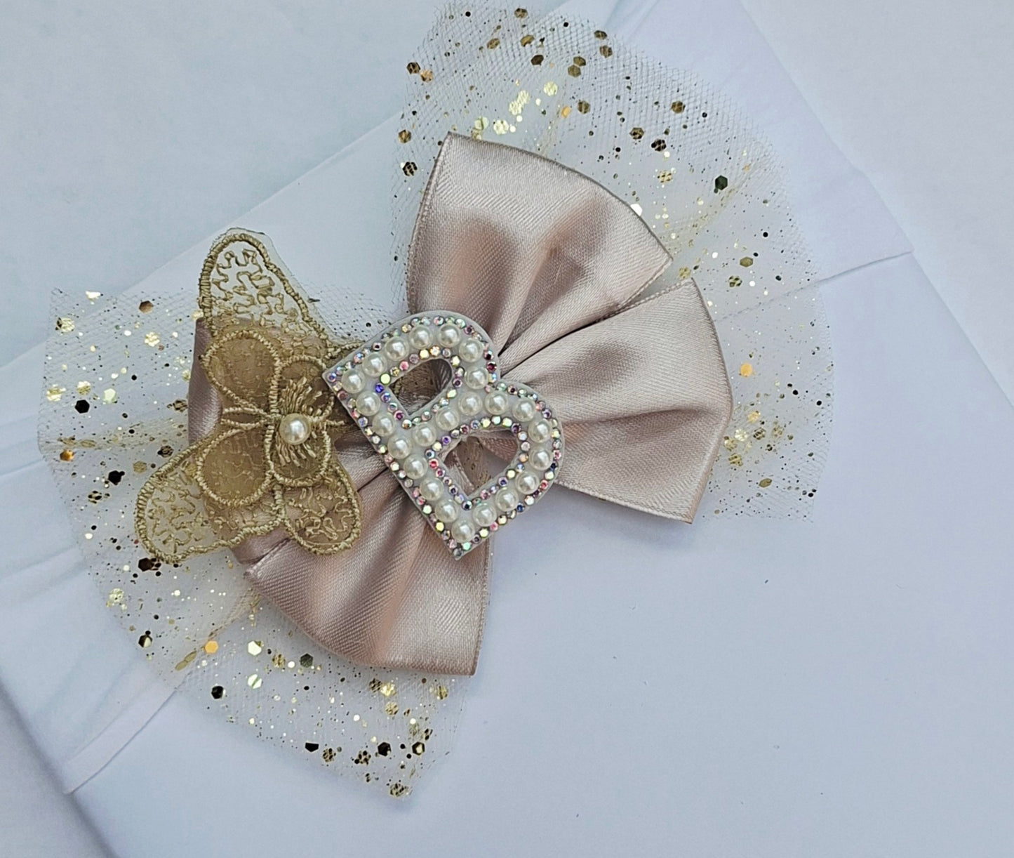 🎀Large Beige Satin Initial Bow Headband 🎀(Choose Letter)