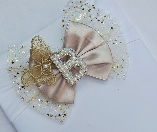 🎀Large Beige Satin Initial Bow Headband 🎀(Choose Letter)